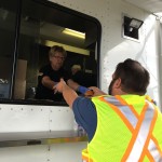 Food being served from the Emergency disaster services canteen truck.
